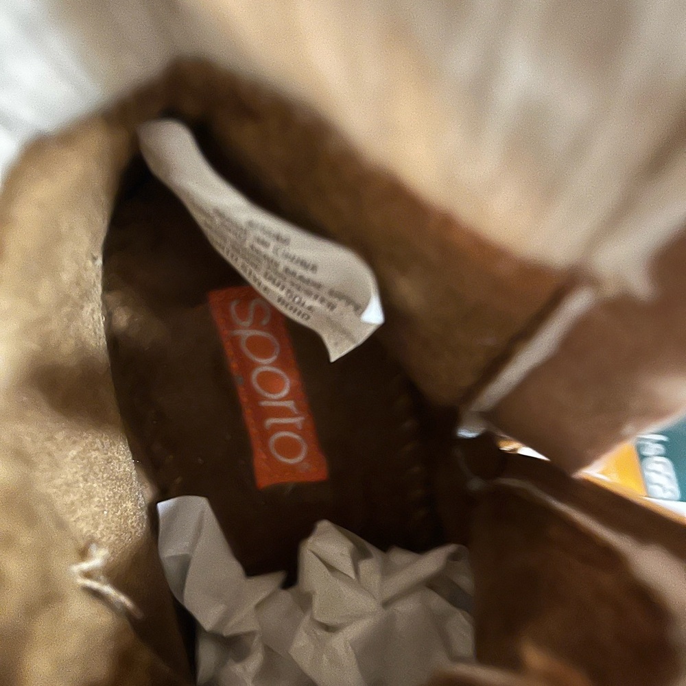 Sporto/BOHO NWT Suede Ankle Boots Camel color and Cream Knit Cuffs size 6.5 - Picture 8 of 10